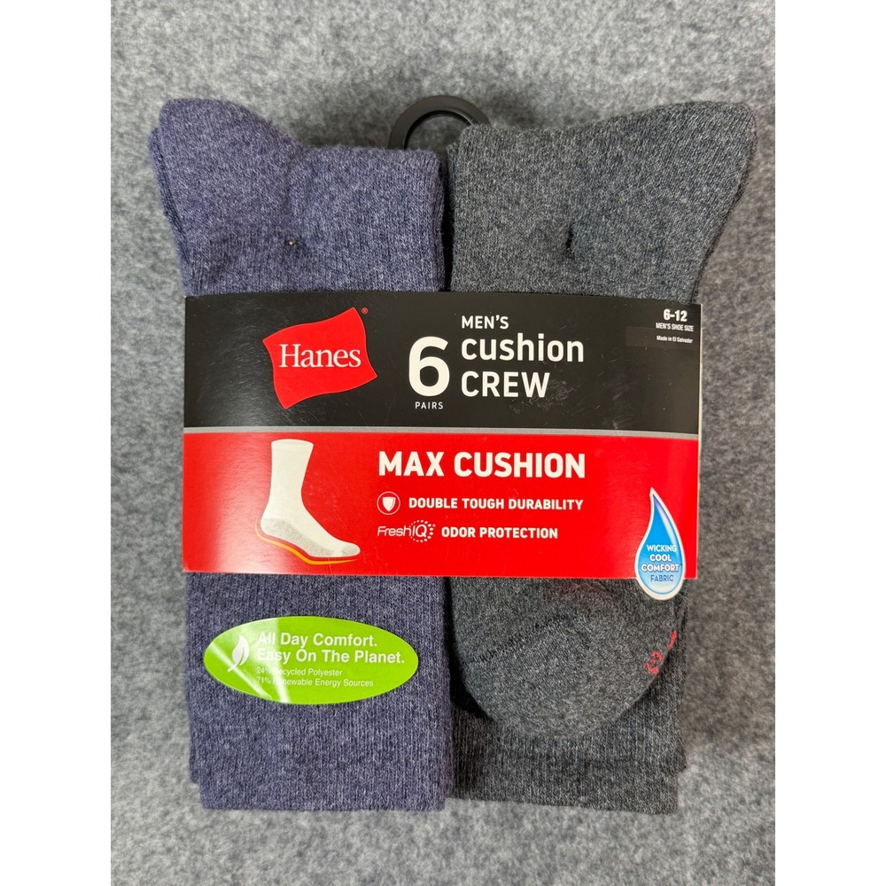 Hanes Cushion Crew Mens 6-12 Blue Grey NWT 6 Pack Max Cushion Odor Protection